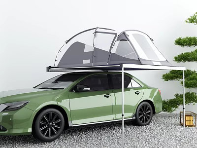 Green Car With Roof Tent For Outdoor Camping Featuring Tree And Gravel Ground 3d model