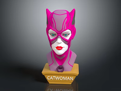 Catwoman Bust Sculpture with Pink Cat Ears Mask Blue Eyes and Red Lips Design 3d model