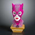 Catwoman Bust Sculpture with Pink Cat Ears Mask Blue Eyes and Red Lips Design