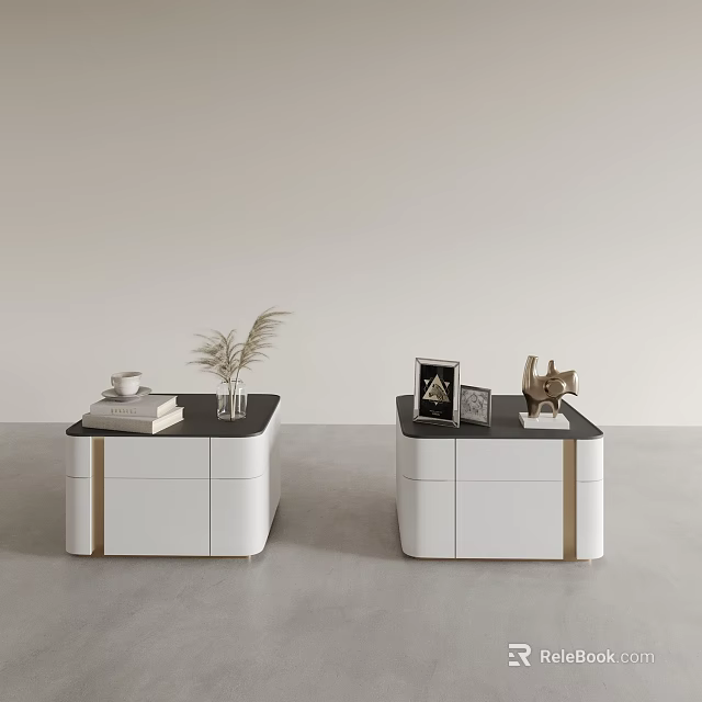 Modern Bedside Tables with White Bodies Black Tops Gold Accents and Decorative Books Plant Frame 3d model 