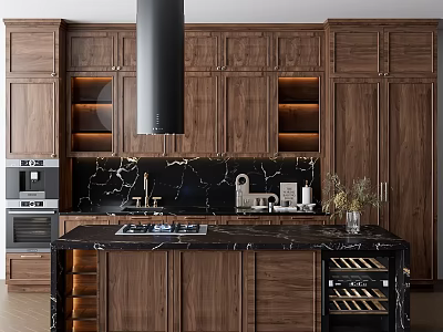 Modern Kitchen With Dark Wood Cabinets Marble Countertop And Appliances 3d model