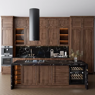 Modern Kitchen With Dark Wood Cabinets Marble Countertop And Appliances 3d model