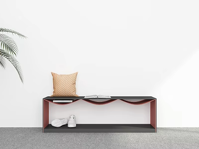 Modern Entryway Bench With Beige Cushion White Shoes And Green Plant 3d model