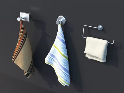 Colorful Striped Towels Hanging On Wall With Wall Mounted Towel Rack And White Towel 3d model