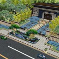 Chinese Style Sales Office Building With Wooden Pergola And Landscaped Garden