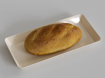 Golden Brown Bread Loaf on White Rectangular Serving Plate for Meal 3d model