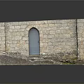 Stone Wall Architectural Model With Arched Blue Door And Mossy Base On Black Reflective Surface