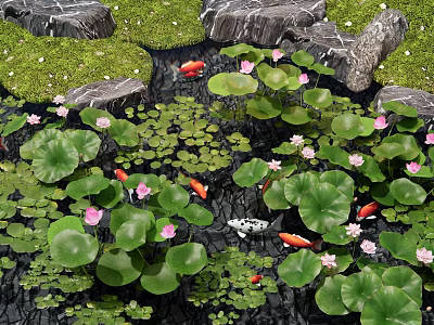 Aquatic Plants in Garden Pond with Lily Pads Pink Flowers Koi Fish Rocks and Moss 3d model