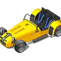 Yellow Vintage Convertible Roadster With Blue Seats Black Stripes And Black Wheels