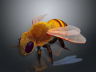Detailed Close Up View Of Bee With Fuzzy Body Yellow Black Stripes And Transparent Wings 3d model