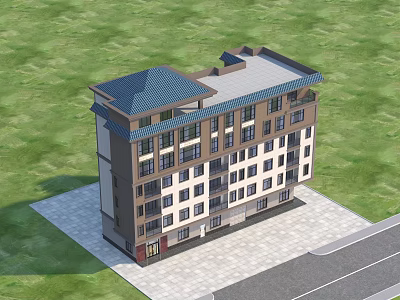Multi Story Detached Villa With Blue Roof Brown White Exterior Green Lawn And Paved Area 3d model