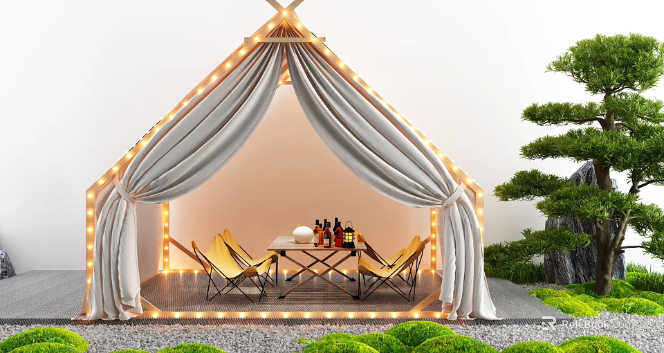 Cozy White Tent with String Lights Gray Curtains Table Chairs Wine Bottles and Green Plants Outdoor 3d model 