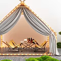 Cozy White Tent with String Lights Gray Curtains Table Chairs Wine Bottles and Green Plants Outdoor