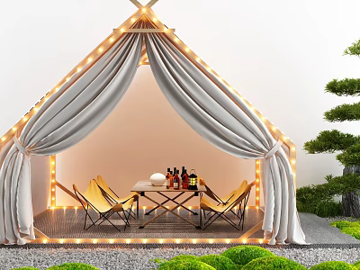 Cozy White Tent with String Lights Gray Curtains Table Chairs Wine Bottles and Green Plants Outdoor 3d model