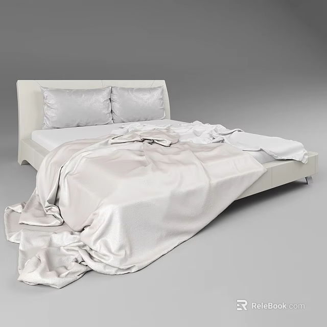 Modern Light Colored Double Bed With White Sheets And Messy Blanket 3d model