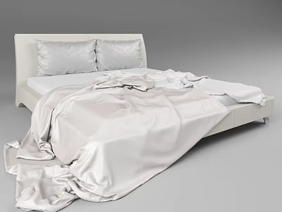 Modern Light Colored Double Bed With White Sheets And Messy Blanket 3d model