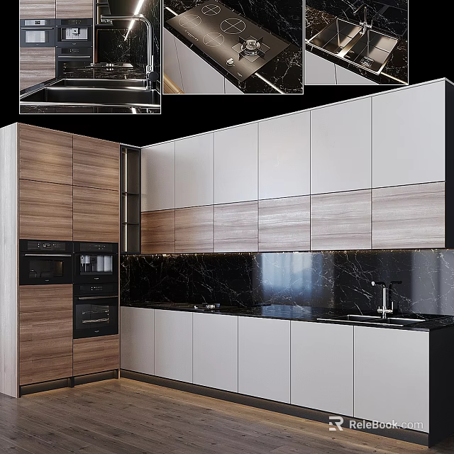 Modern Kitchen Interior With Wooden White Cabinets And Black Marble Countertop 3d model 