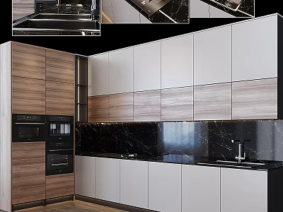 Modern Kitchen Interior With Wooden White Cabinets And Black Marble Countertop 3d model
