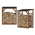 Stone and Wood Firewood Storage Racks with Wooden Frames and Logs