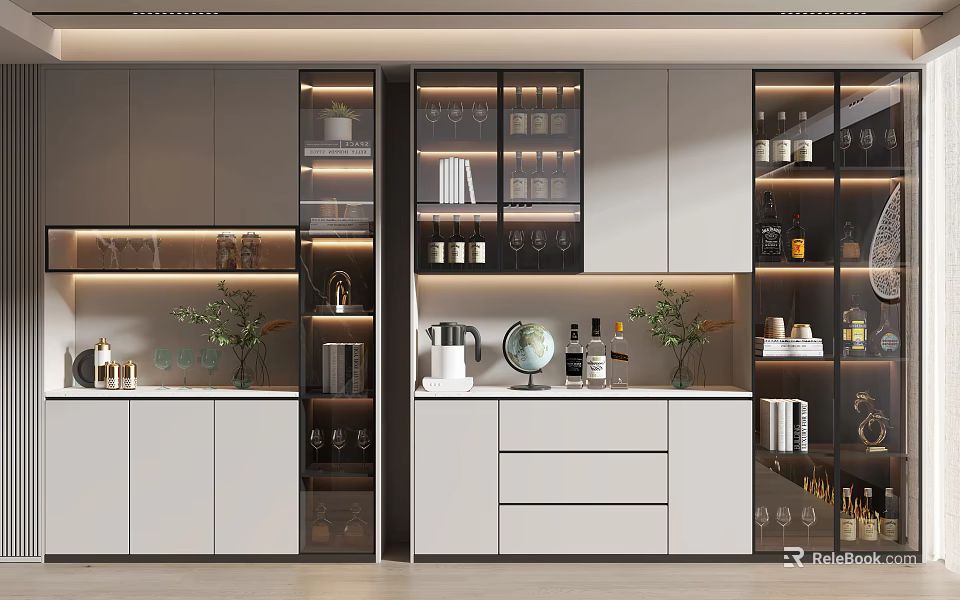 Modern Wine Cabinet Interior Design With Glass Doors Wine Glasses And Decorative Plants 3d model 