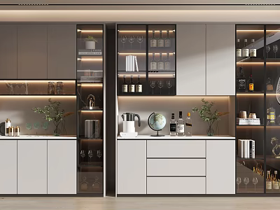 Modern Wine Cabinet Interior Design With Glass Doors Wine Glasses And Decorative Plants 3d model