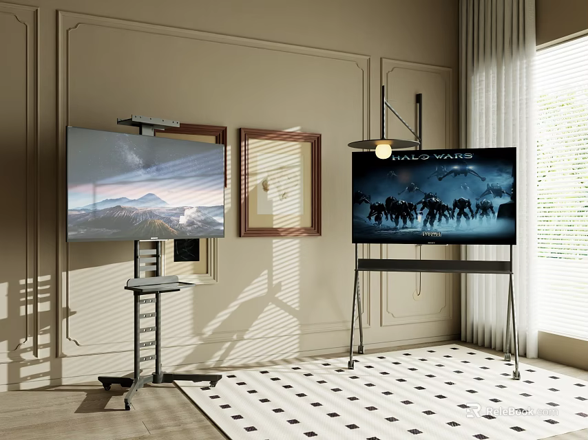 Two TVs on Mobile Stands in Modern Living Room with Beige Wall Curtains and Rug 3d model 