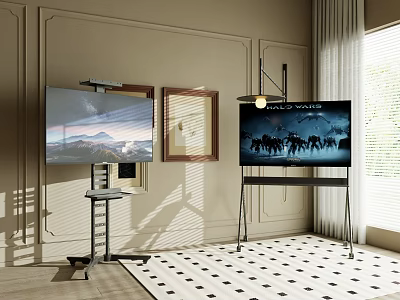Two TVs on Mobile Stands in Modern Living Room with Beige Wall Curtains and Rug 3d model