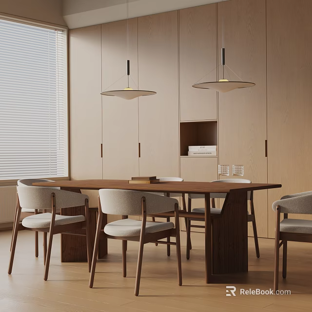 Modern Dining Table Set With Wooden Table Chairs Pendant Lights And Cabinets 3d model 