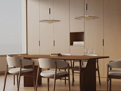 Modern Dining Table Set With Wooden Table Chairs Pendant Lights And Cabinets 3d model