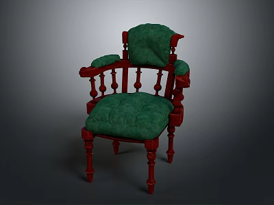Traditional Carved Wooden Chair With Red Frame Green Upholstery And Ornate Details 3d model