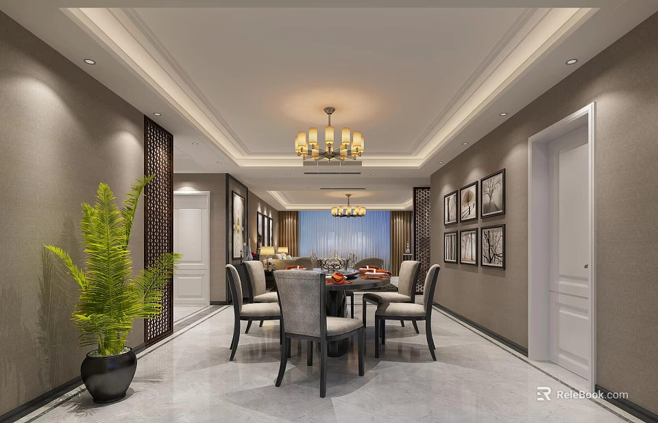 Elegant Restaurant Interior With Dining Table Chairs Chandelier And Framed Paintings 3d model 