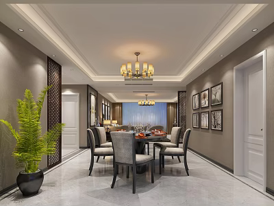 Elegant Restaurant Interior With Dining Table Chairs Chandelier And Framed Paintings 3d model