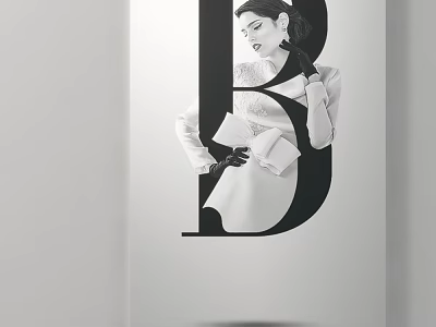 Stylish Black And White Female Portrait Painting With Letter B Design And Fashion Attire 3d model