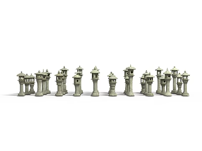 Traditional Garden Landscape With Various Stone Lanterns For Outdoor Decoration 3d model