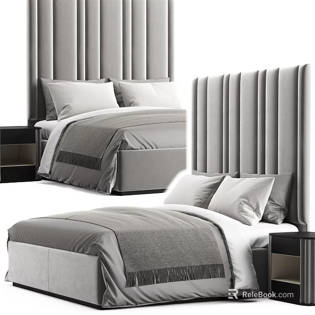 Modern Double Bed with Vertical Tufted Headboard and Soft Gray Bedding 3d model