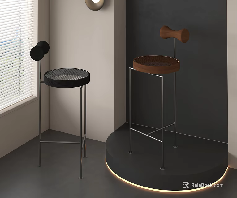 Modern Bar Stools With Black Mesh Brown Wooden Seats On Metal Frames In Display Interior 3d model 