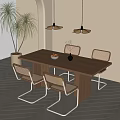 Modern Dining Table And Chairs Set With Wooden Top Metal Frame And Hanging Lights