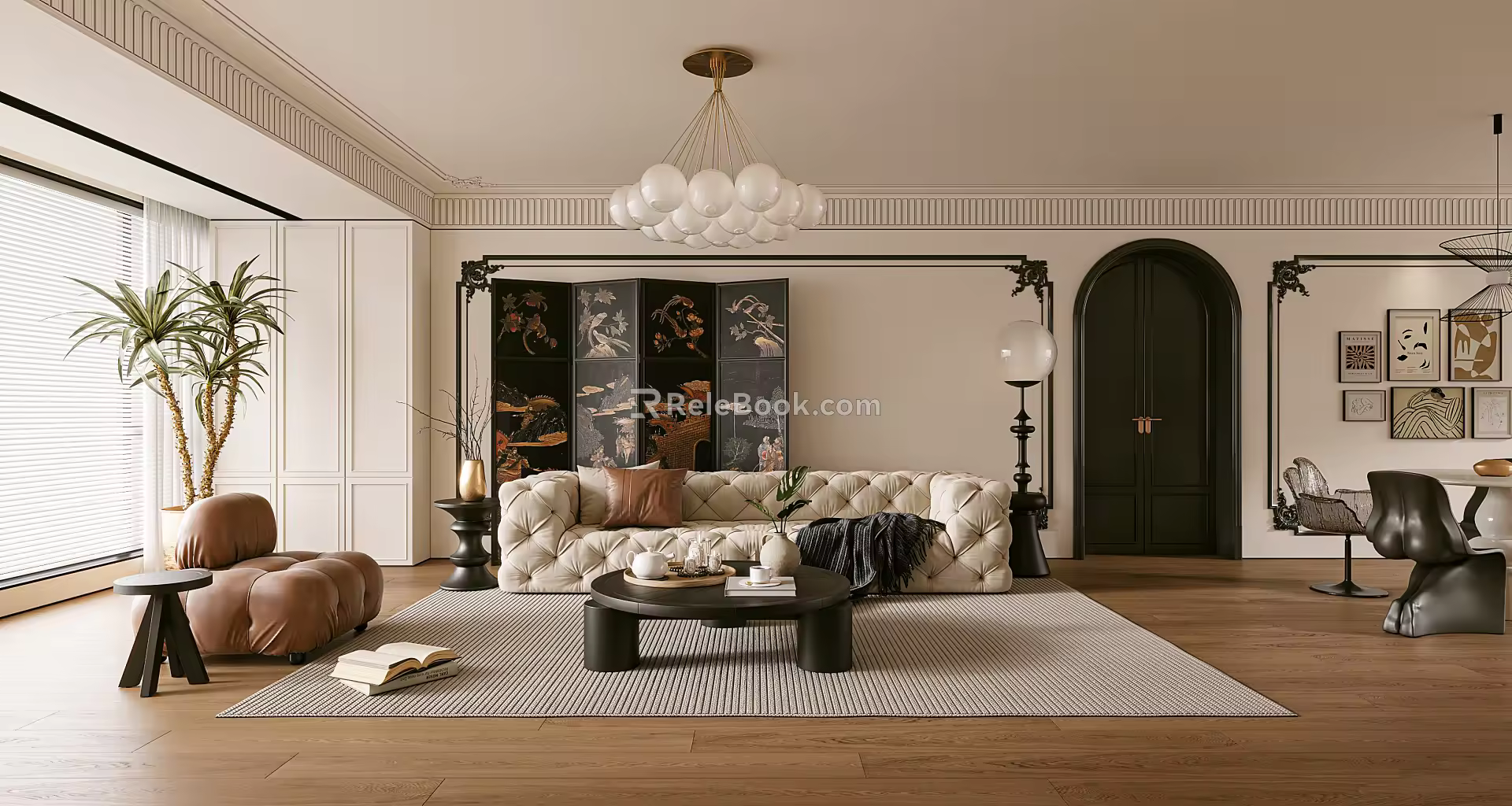 French Guest Restaurant Middle Ancient Home Guest Restaurant Multi-person Sofa Coffee Table Combination Chandelier Hanging Picture Floor Lamp Dining Table and Chair 3d model
