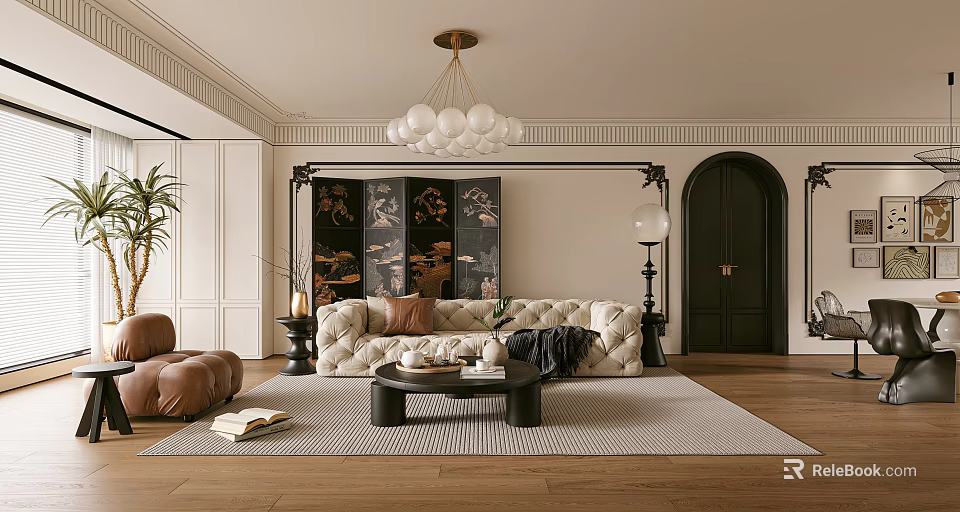 Elegant Living Dining Room Interior Design With Plush Sofa Coffee Table Chandelier And Decorative Screen 3d model 