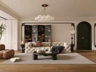 French Guest Restaurant Middle Ancient Home Guest Restaurant Multi-person Sofa Coffee Table Combination Chandelier Hanging Picture Floor Lamp Dining Table and Chair 3d model