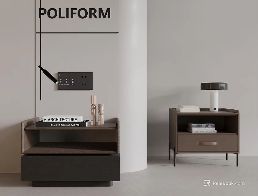 Poliform Modern Dark Brown And Brown Bedside Tables With Books Lamp And Decorative Items 3d model 
