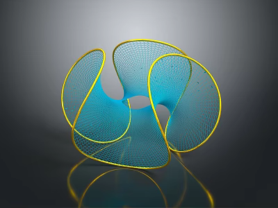 Abstract Blue Yellow Mesh 3D Geometric Sculpture with Curved Lines Hollow Design Dark Reflective Background 3d model