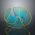 Abstract Blue Yellow Mesh 3D Geometric Sculpture with Curved Lines Hollow Design Dark Reflective Background