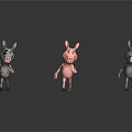 Colorful Donkey And Pig Toy Figurines In Standing Poses On Dark Reflective Surface