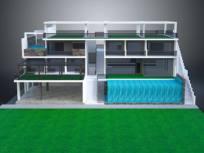 Modern Detached Villa Featuring Multi Level Structure Green Terrace Swimming Pool Waterfall And Green Lawn 3d model