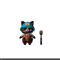 Cartoon Cat Worker Character In Blue Helmet With Orange Overalls Tool Belt And Paw Print Hammer