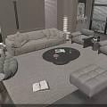 Modern Beige Sofa And Round Coffee Table Set With Plush Cushions Ottoman And Woven Rug