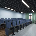 School Modern Classroom With Wooden Desks Chairs Smart Blackboard Green Curtains And Ceiling Lights