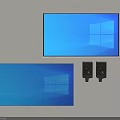 Two Black Speakers On Gray Wall With Large TV Blue Windows Screen And Blue Cabinet