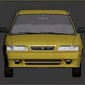 Yellow Compact Car with Shiny Exterior and Clear Windows on Dark Reflective Surface